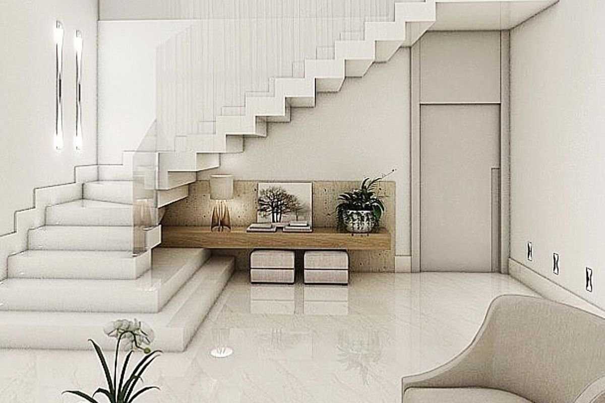 Дизайн интерьера гостиной, коридора с лестницей на второй этаж